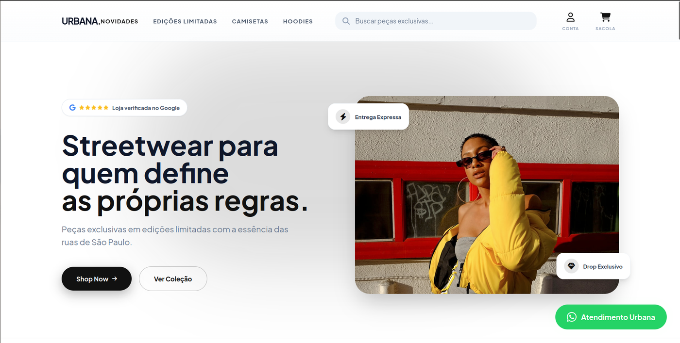 Loja de streetwear criada com a Axolutions, mostrando busca, menu de categorias e produtos em destaque