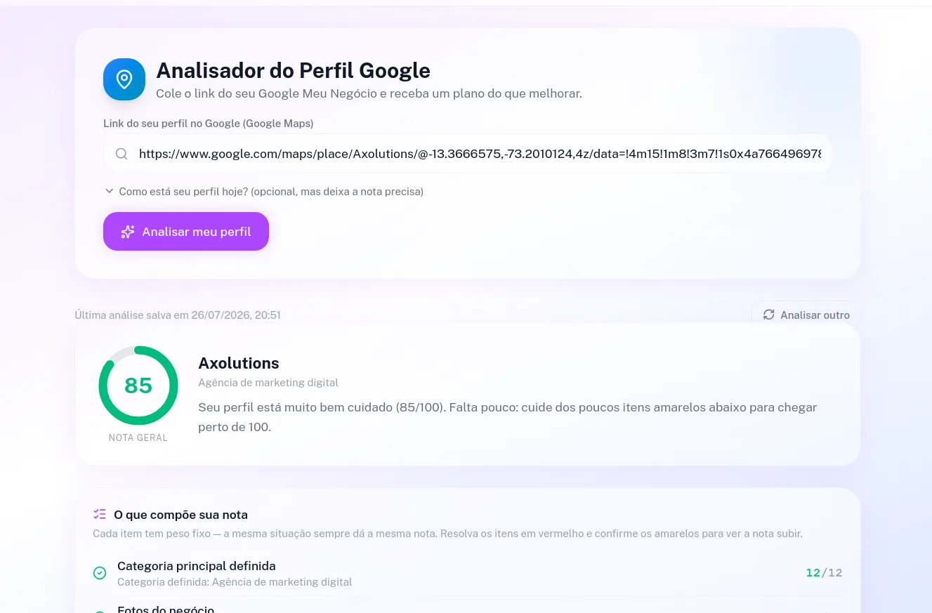 Analisador do Google Meu Negócio mostrando nota e plano de melhorias