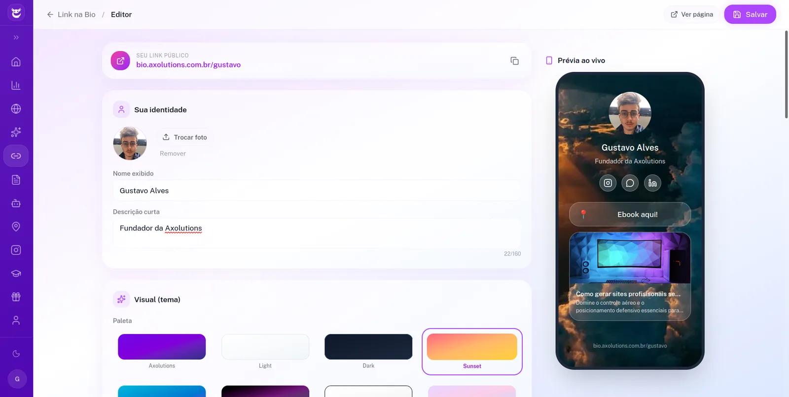 Página de Link na Bio personalizada com a marca do cliente